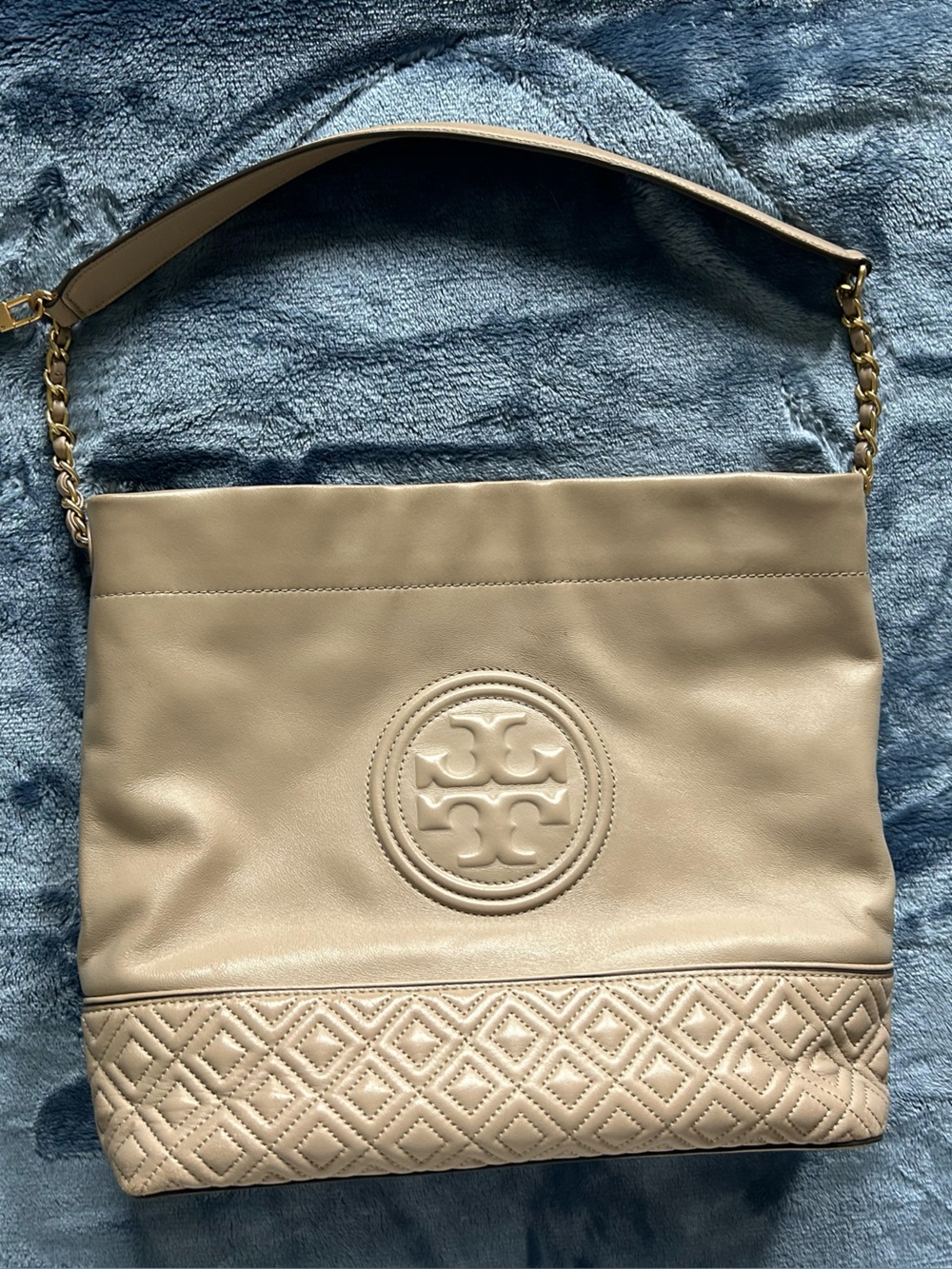 Tory Burch Taupe Leather Shoulder Bag with Tassel